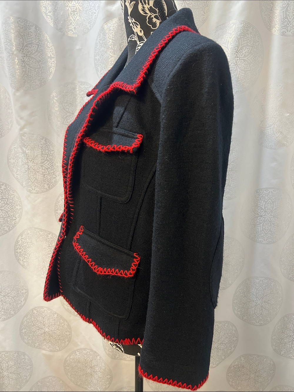 Black Wool Sweater Blazer Jacket Cardigan Red Trim Women Large L - Picture 3 of 16